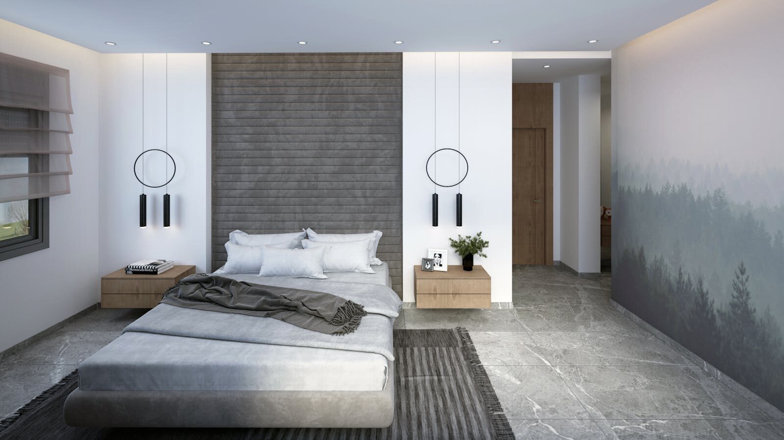 Explore a sleek and minimalist bedroom interior with stylish furniture and muted tones.